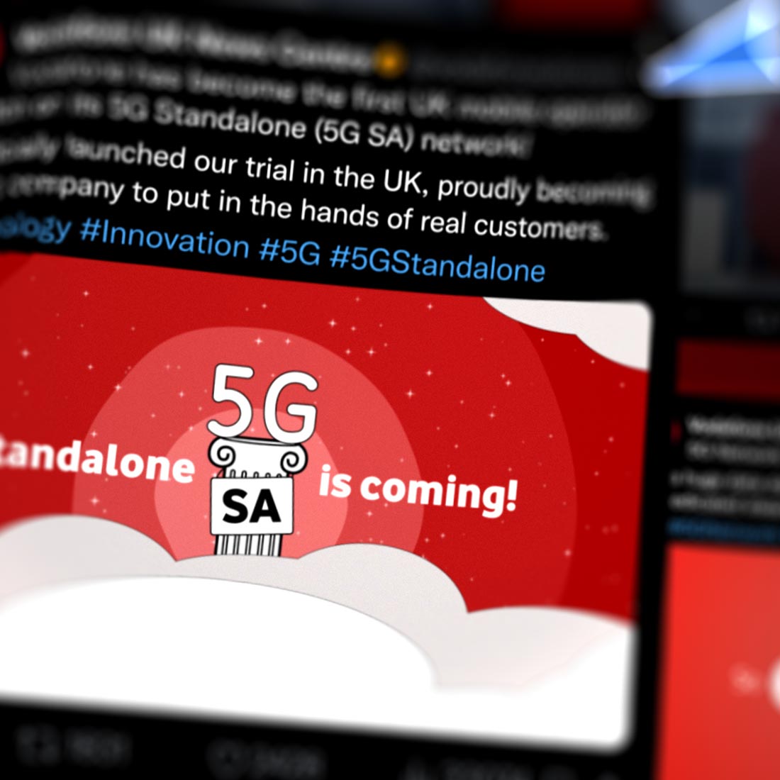 screenshot of a social post that stands out from others that shows a frame of a bespoke animation about 5G technology developed by Vodafone UK