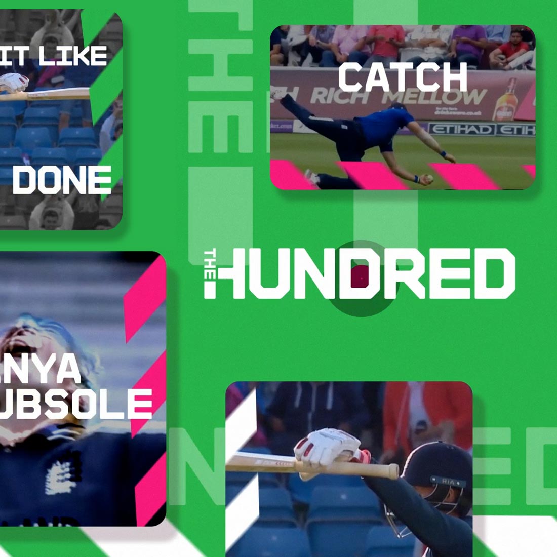 image depicting a collection of bespoke frames created for the social media and taken from The Hundred cricket league live actions